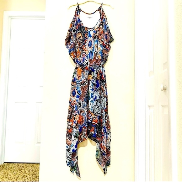 ROBBIE BEE Chiffon midi Dress boho Scarf Print Cold Shoulder women’s 6 - Picture 1 of 8